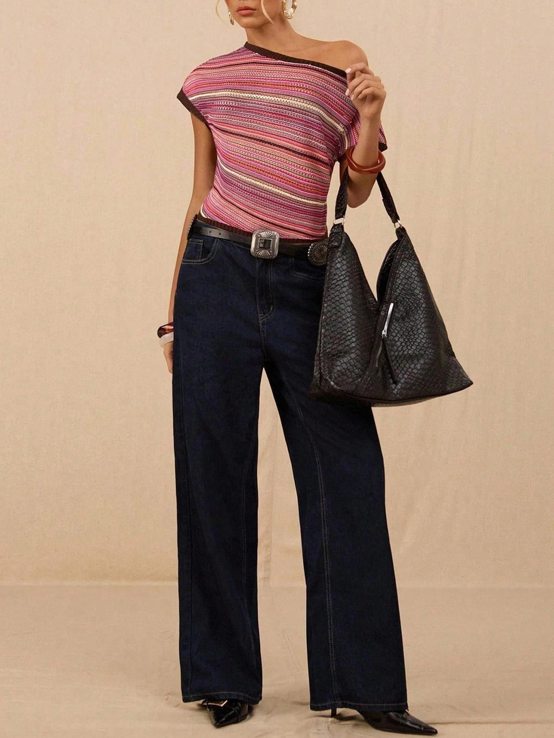 Striped Off-Shoulder Knit Top | Asymmetrical Short Sleeve Fitted Blouse for Women