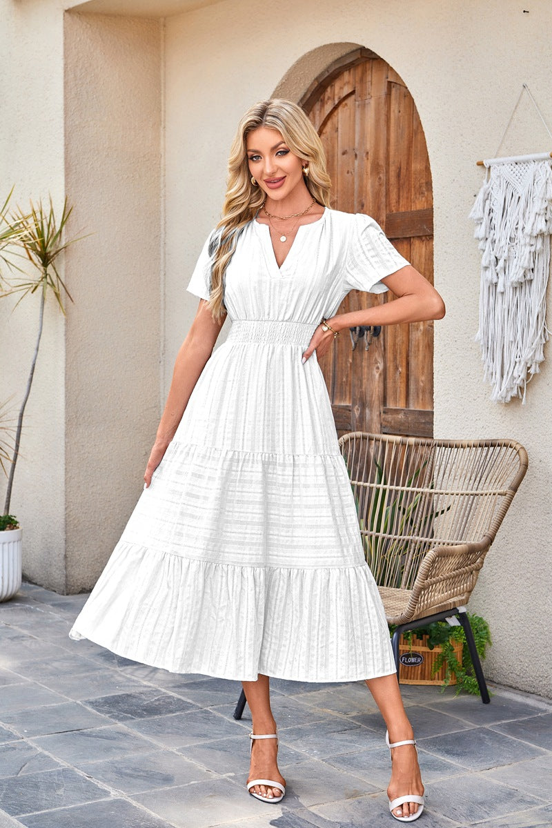 Navy Blue Tiered Smocked Waist Midi Dress