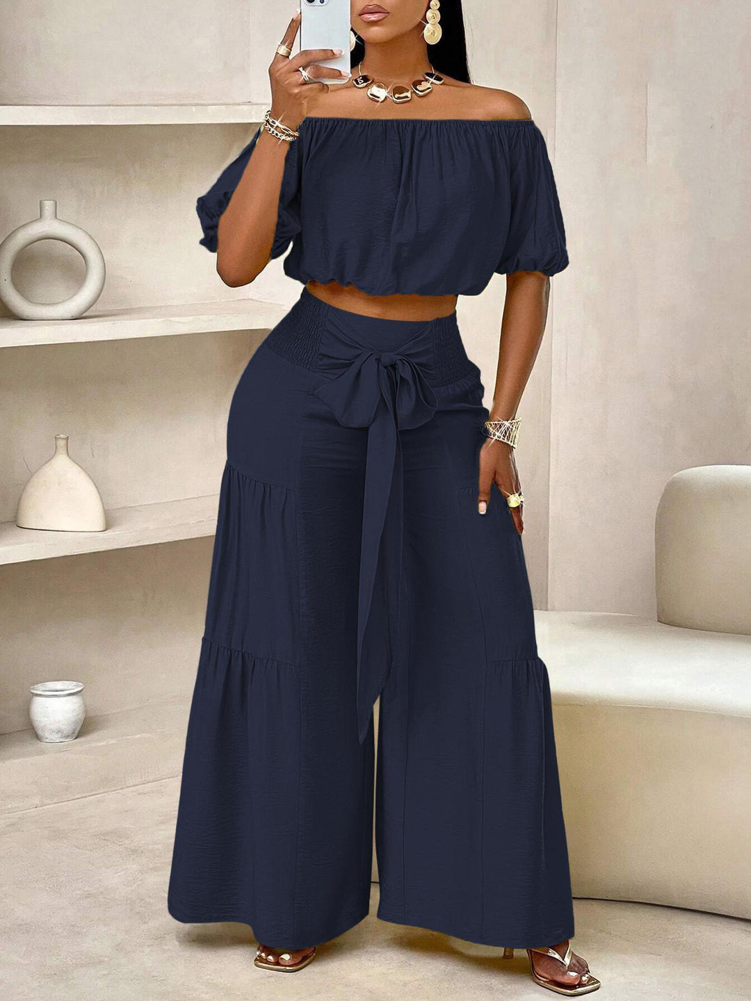 Off-Shoulder Puff Sleeve Crop Top &amp;amp; Tie-Waist Tiered Wide Leg Pants Two-Piece Set