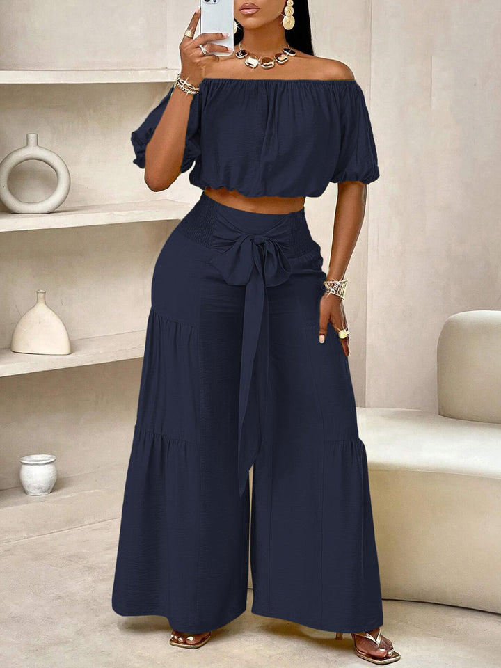 Off-Shoulder Puff Sleeve Crop Top &amp;amp; Tie-Waist Tiered Wide Leg Pants Two-Piece Set