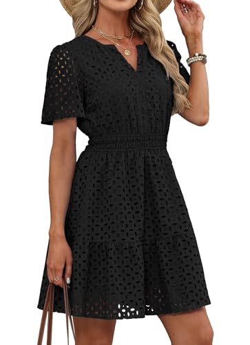 Eyelet Embroidery Short Sleeve Mini Dress, Smocked Waist Casual Summer Dress