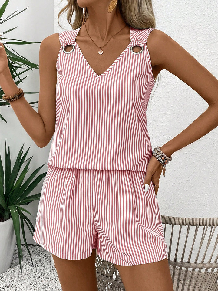 Yellow White Striped V-Neck Romper