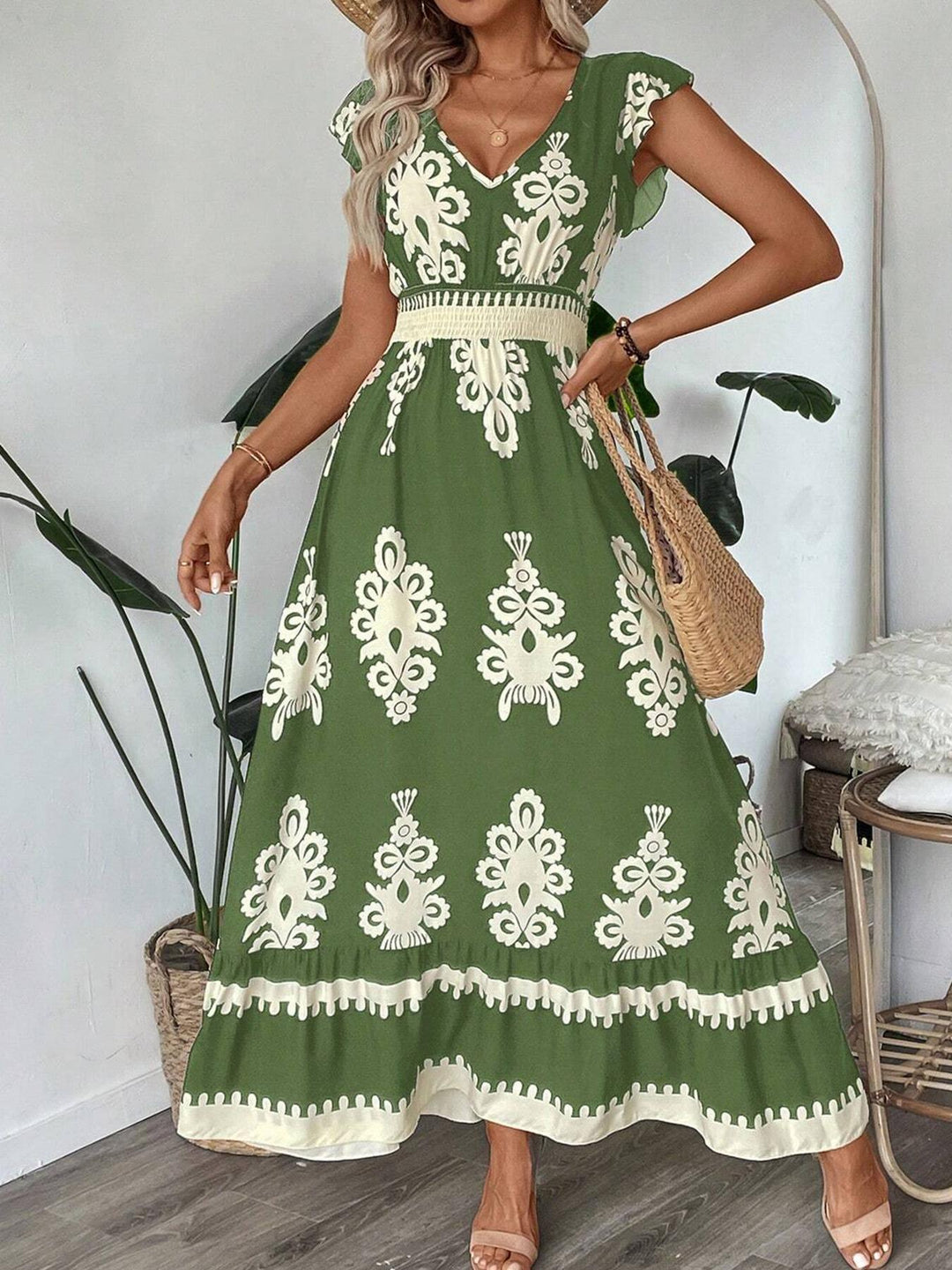 Navy Blue Printed Smocked Waist Maxi Dress