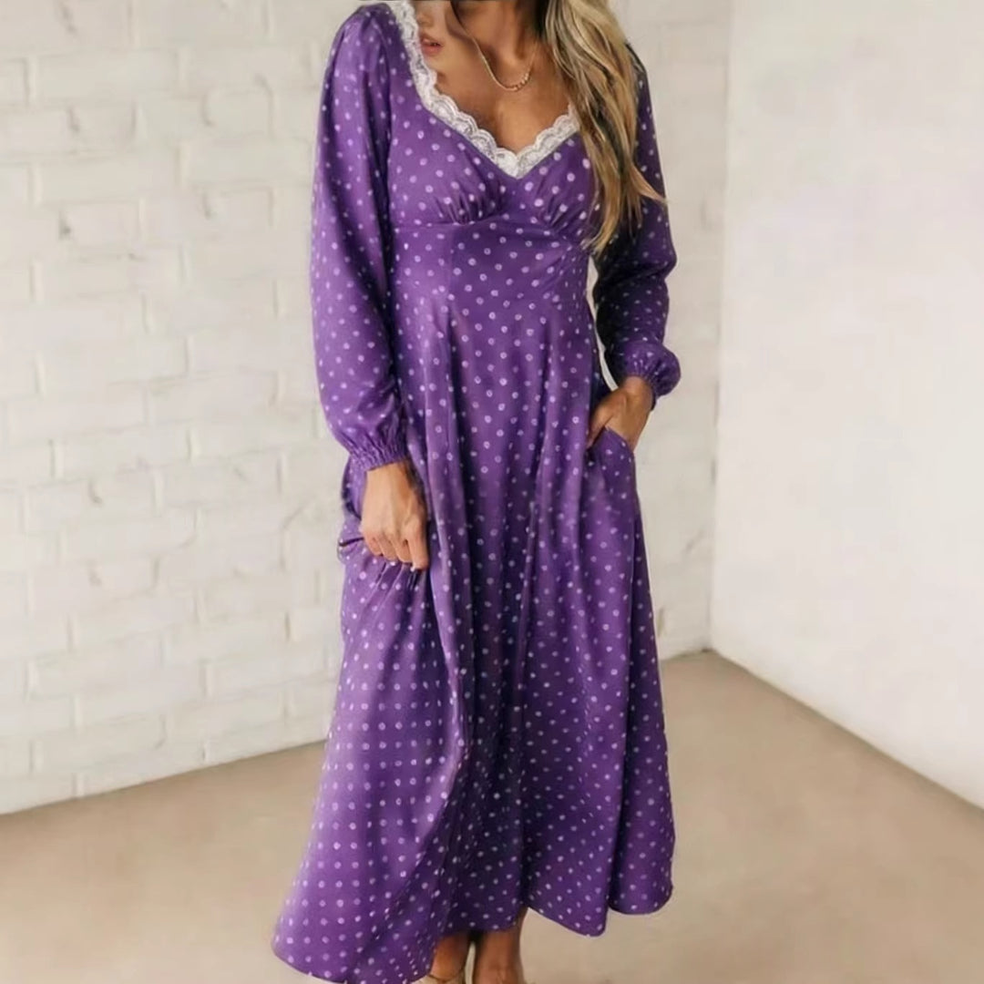 Polka Dot Lace Trim Midi Dress, V-Neck Puff Sleeve Smocked Back Summer Dress