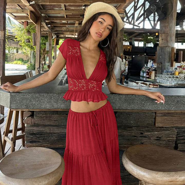 Sage Green Lace Corset Crop Top &amp;amp; Tiered Maxi Skirt 2-Piece Set