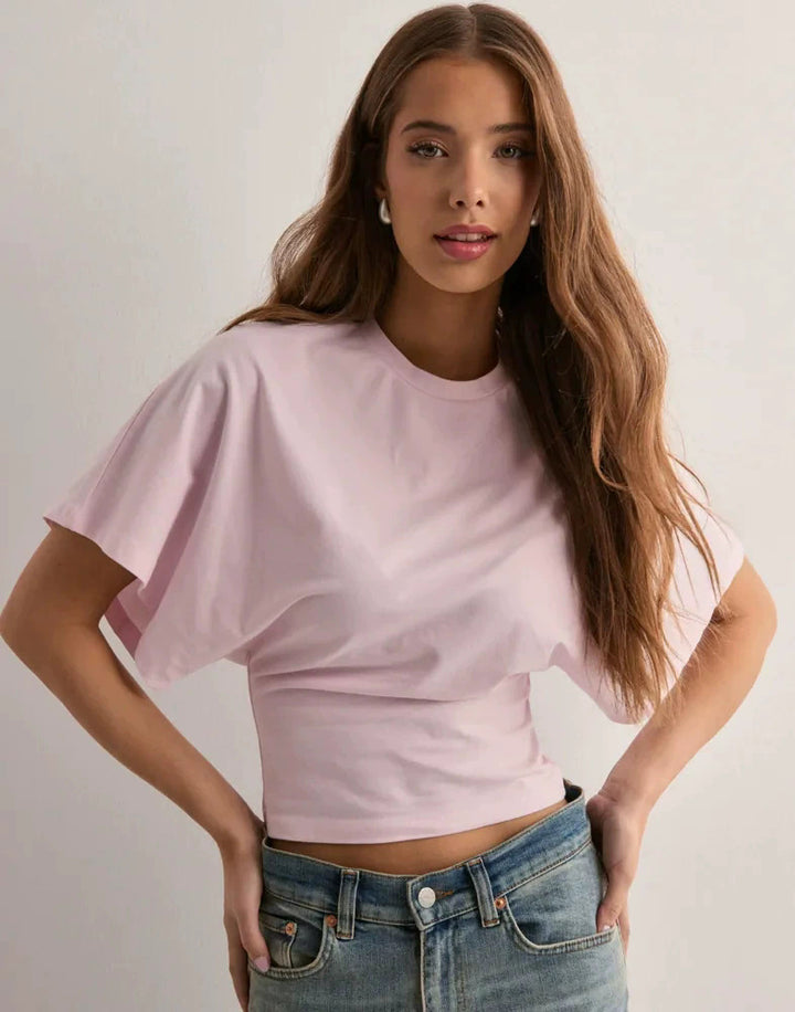 Asymmetric Batwing Sleeve Cropped Tee, Ruched Waist Fitted T-Shirt