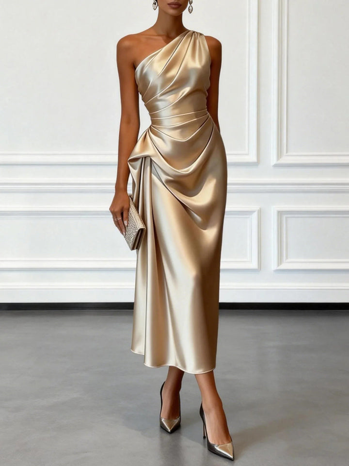 Multi-Color One-Shoulder Satin Midi Dress | Ruched Elegant Party Cocktail Dress
