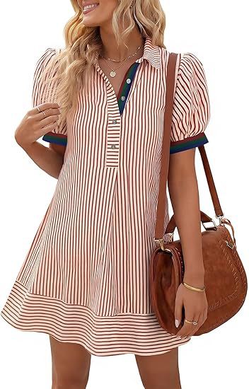 Blue and White Striped Puff Sleeve Shirt Dress