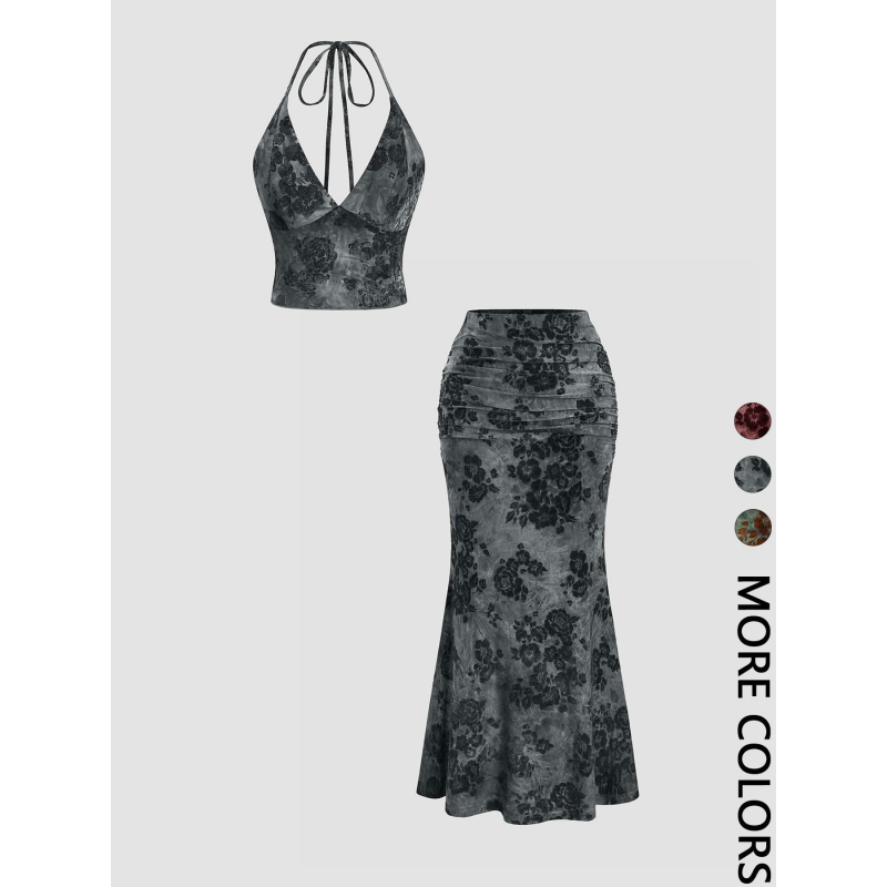 Floral Halter Top Ruched Midi Skirt Two-Piece Set