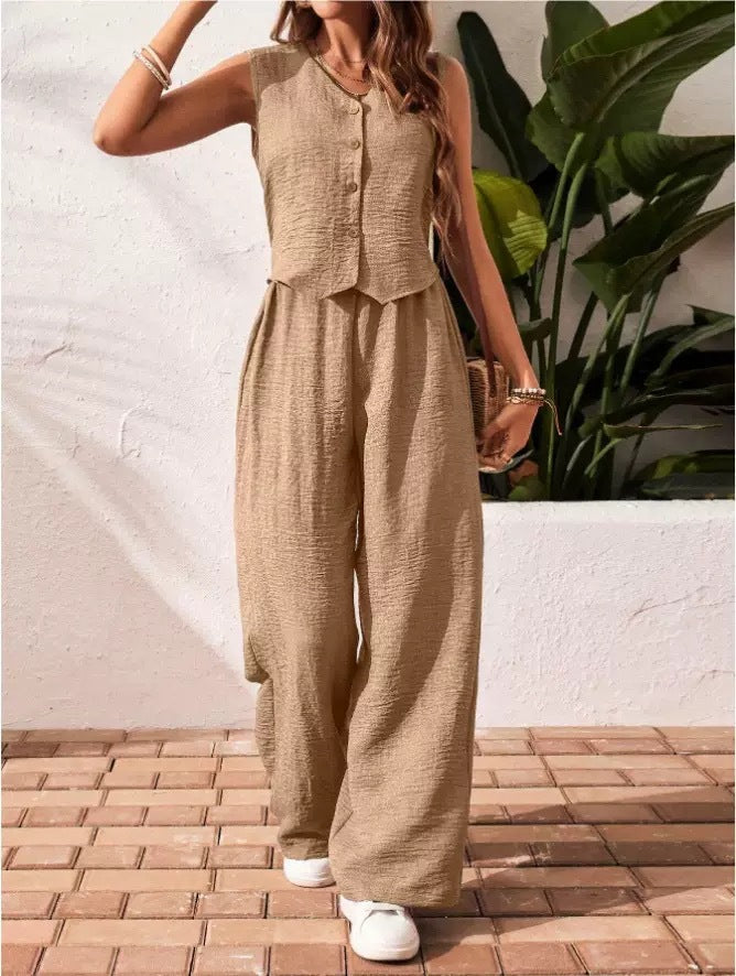 V-Neck Vest &amp; Wide-Leg Pants Two-Piece Set, Casual Loungewear Set for Women