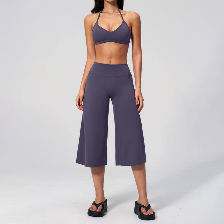 Halter V-Neck Crop Top High-Waist Culotte Pants Two-Piece Set