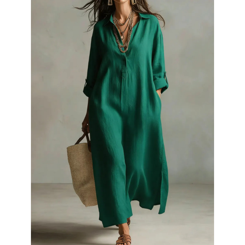 Linen Blend Half-Button Midi Shirt Dress