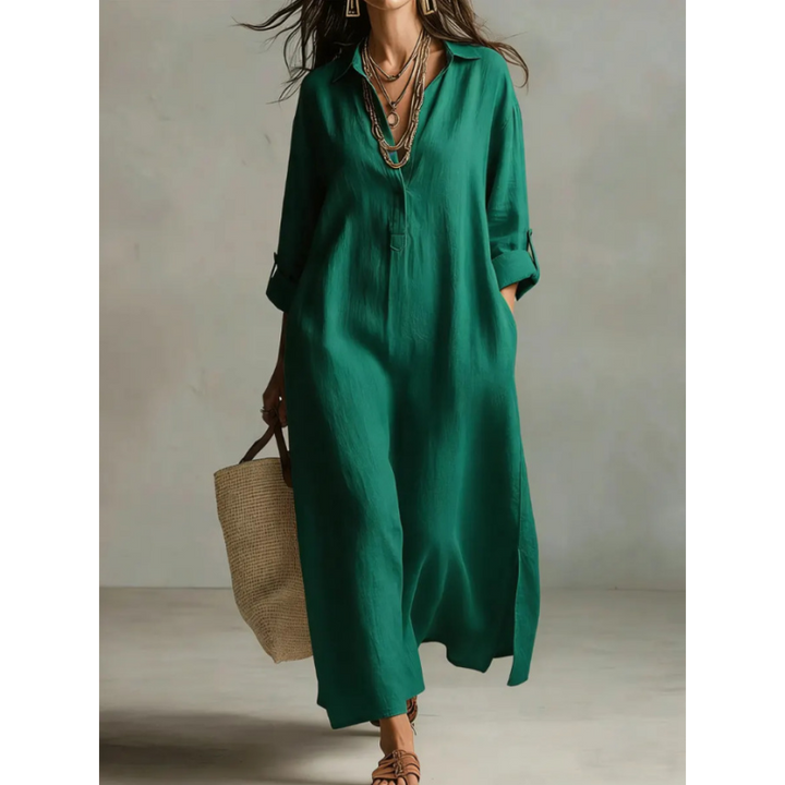 Linen Blend Half-Button Midi Shirt Dress