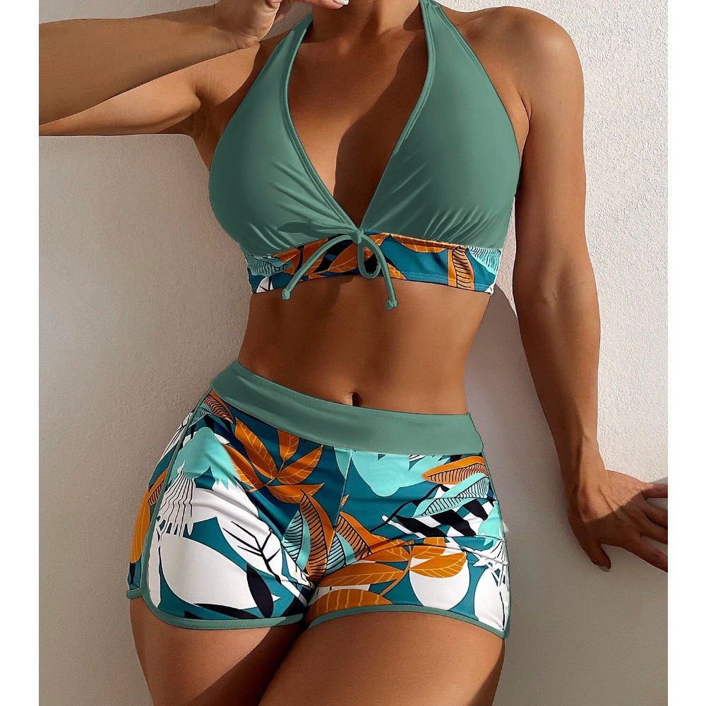Tropical Print Halter Bikini Top &amp;amp; High-Waisted Swim Shorts Set