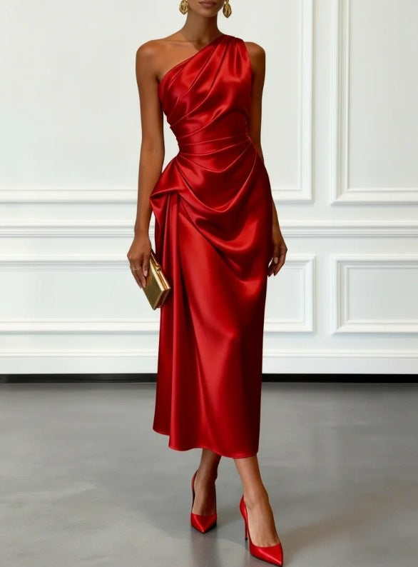 Multi-Color One-Shoulder Satin Midi Dress | Ruched Elegant Party Cocktail Dress