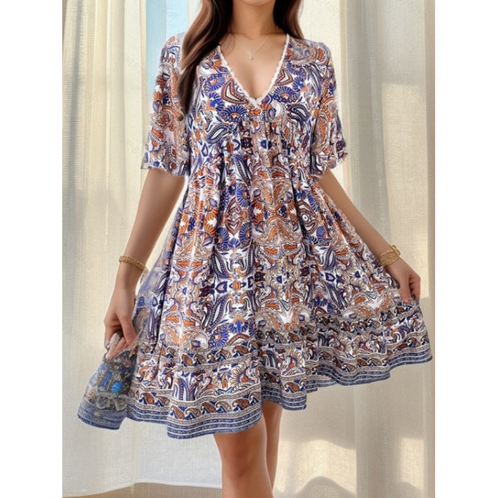 Boho Paisley Print V-Neck Ruffle Hem Mini Dress