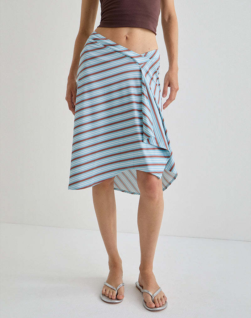 Beige Diagonal Stripe Asymmetric Midi Skirt