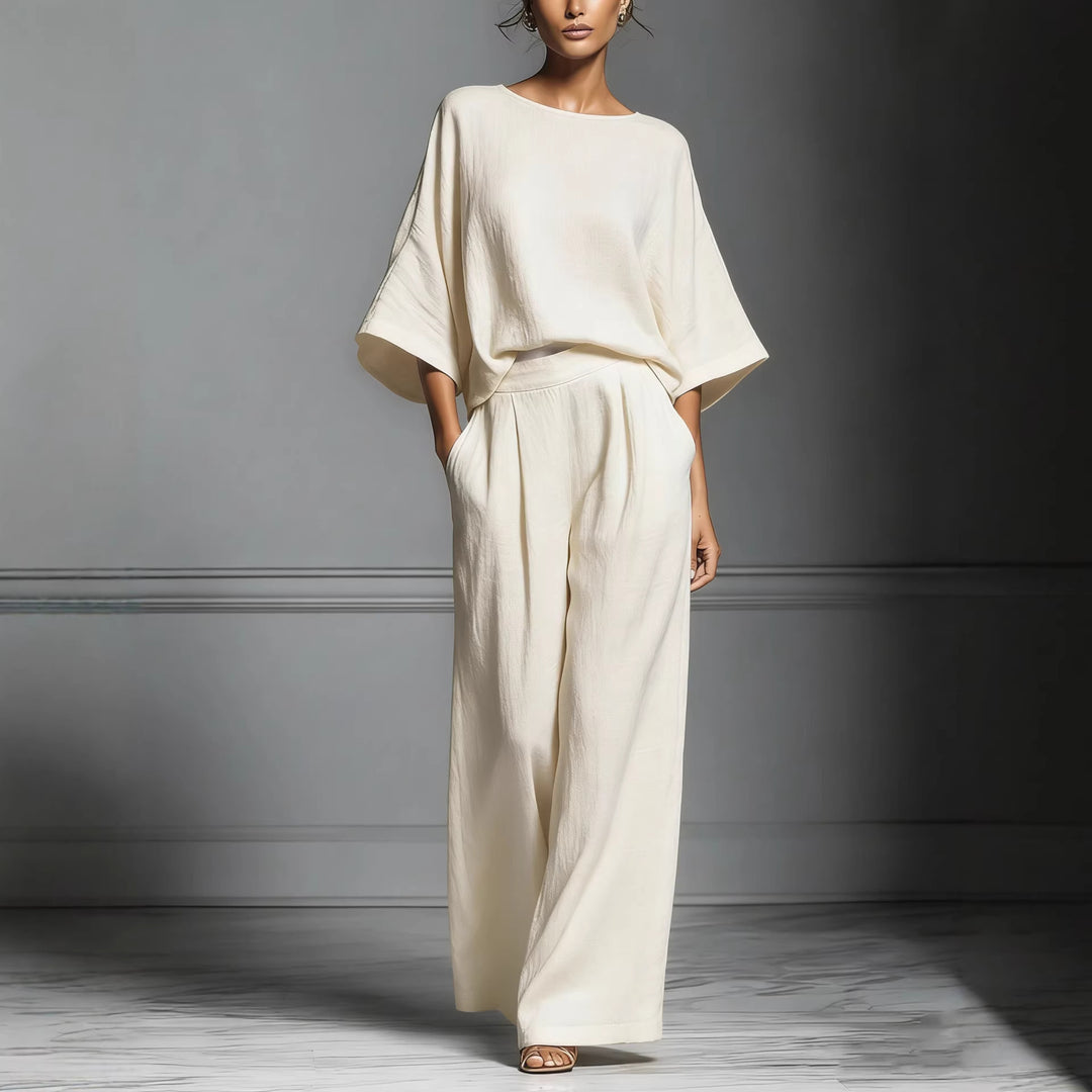 Linen Blend Oversized Top and Wide Leg Pants Two-Piece Set