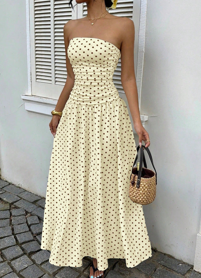 White Polka Dot Strapless Ruched Maxi Dress