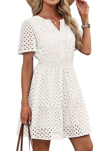 Eyelet Embroidery Short Sleeve Mini Dress, Smocked Waist Casual Summer Dress