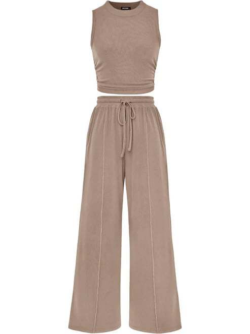 Two-Piece Outfit, Ruched Sleeveless Crop Top &amp; High-Waisted Wide Leg Pants Set