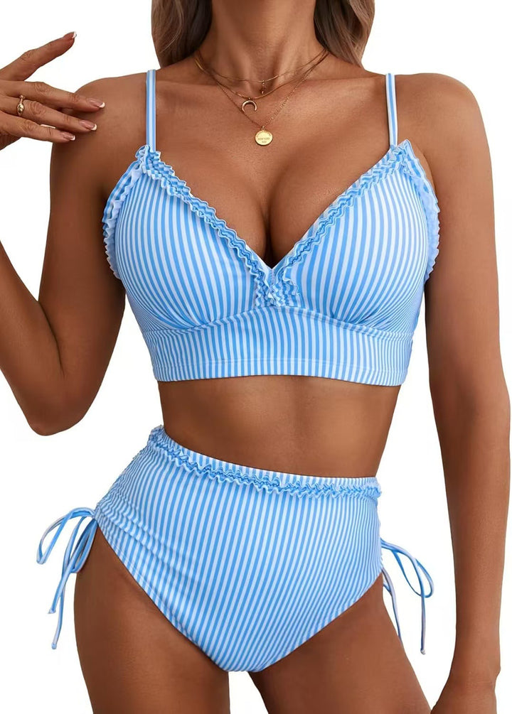 Striped Ruffle High-Waisted Bikini Set