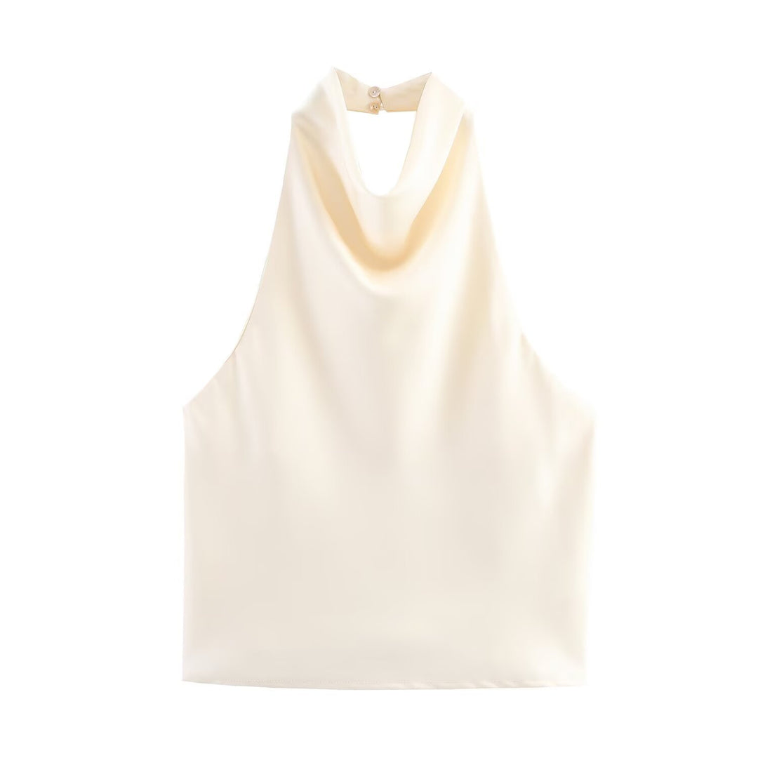 Chocolate Brown Cowl Neck Satin Halter Top, Elegant Sleeveless Blouse for Women