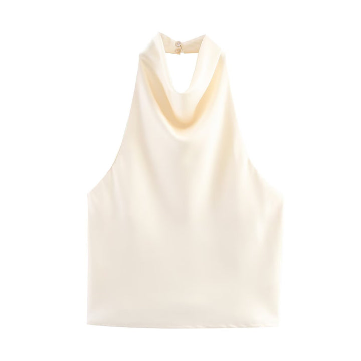 Chocolate Brown Cowl Neck Satin Halter Top, Elegant Sleeveless Blouse for Women