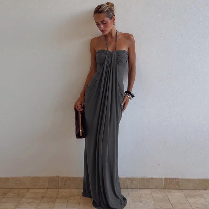 Draped Halter Neck Soft Jersey Midi Slip Dress in Pale Sky Blue