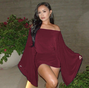 Off-Shoulder Flare Sleeve Ruched Mini Dress