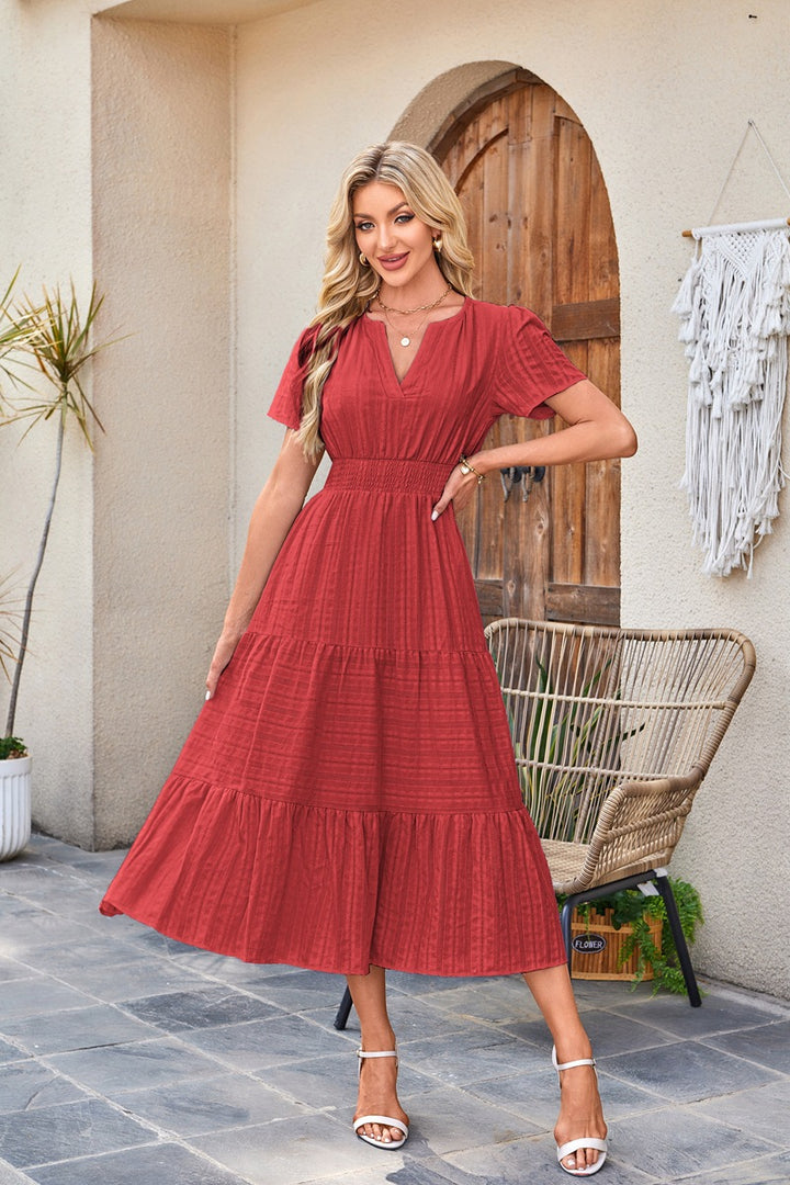 Navy Blue Tiered Smocked Waist Midi Dress
