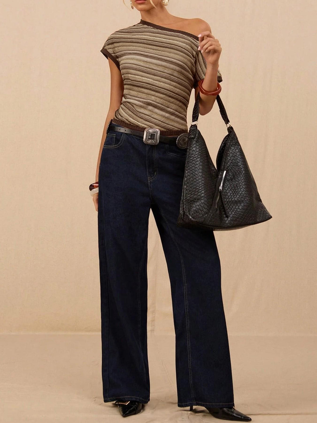 Striped Off-Shoulder Knit Top | Asymmetrical Short Sleeve Fitted Blouse for Women