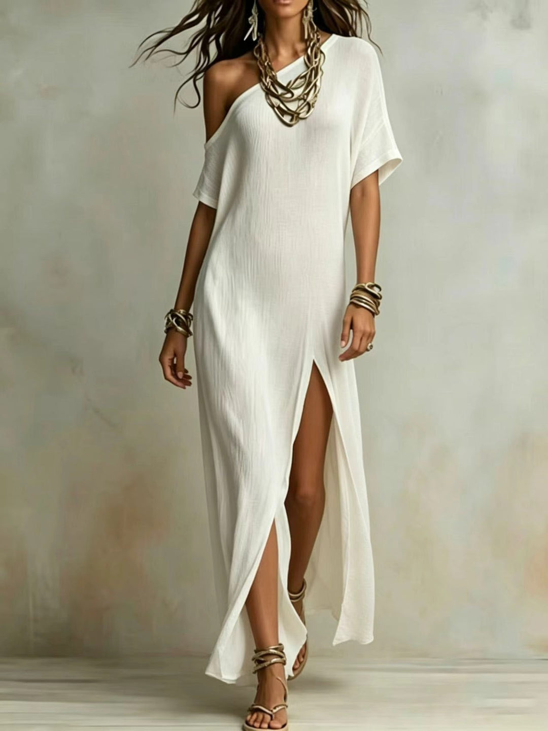 Asymmetric Off-Shoulder Slit Maxi Dress