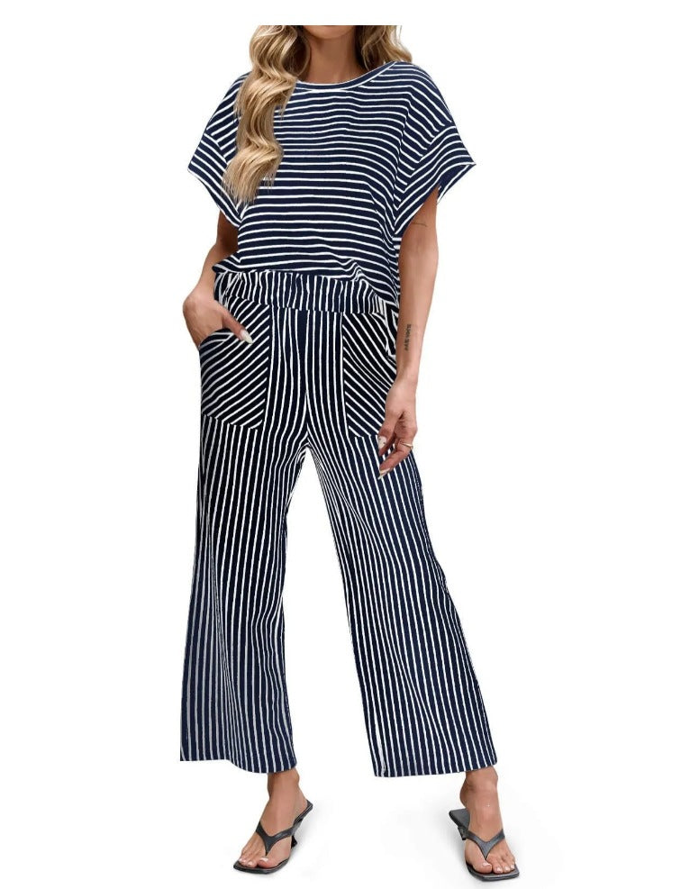 Womens Striped 2 Piece Sets Short Sleeve T Shirts Wide Leg Pants Matching Lounge Set with Pockets