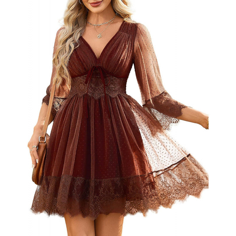 Beige Polka Dot Mesh Lace Mini Dress