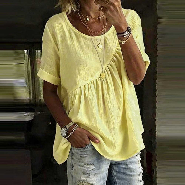 White Linen-Blend Gathered Peplum Top
