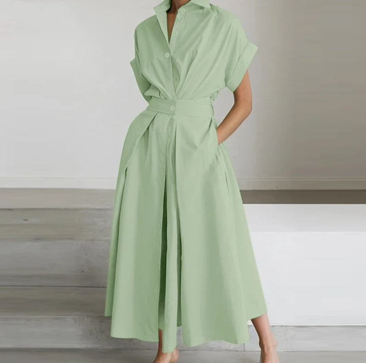 Solid Color Woven Collared Shirt Dress