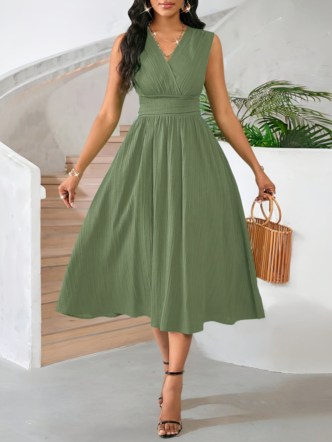 Green Sleeveless Surplice Neck Midi Dress
