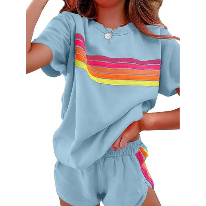 Green Rainbow Stripe Tee &amp;amp; Shorts Loungewear Set