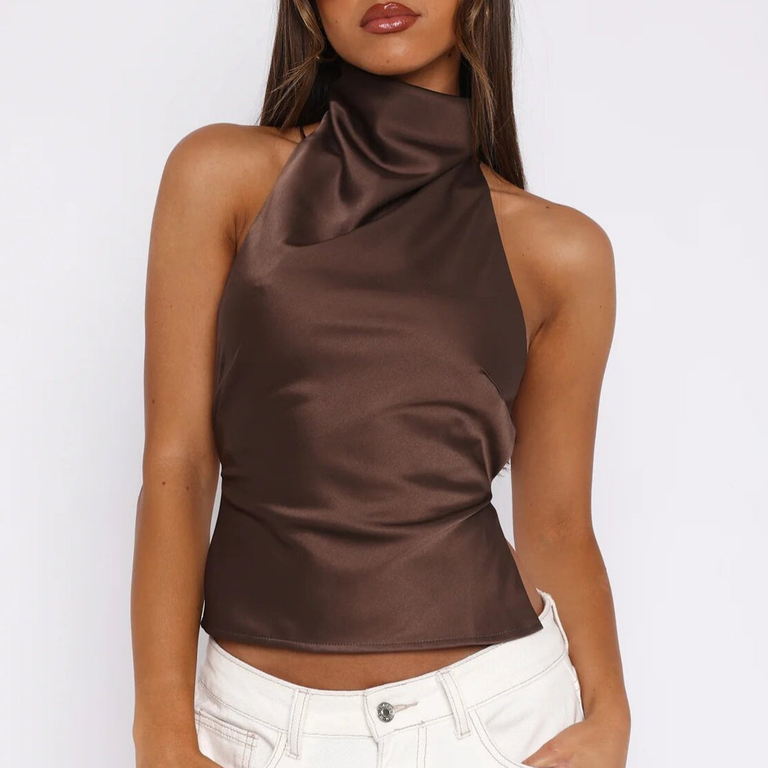 Satin Halter Neck Backless Crop Top  Luxe shine. Statement silhouette.