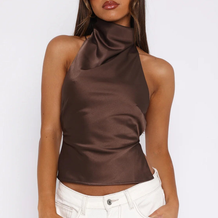 Satin Halter Neck Backless Crop Top  Luxe shine. Statement silhouette.