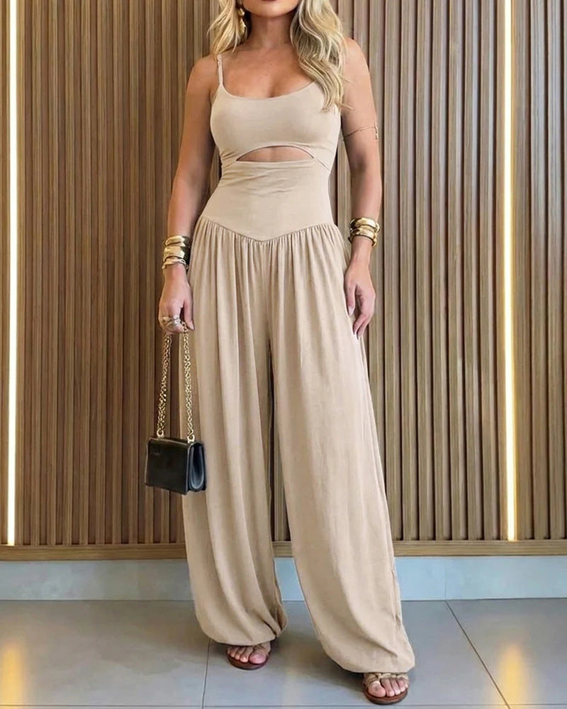 Cutout Waist Wide Leg Jumpsuit, Sleeveless Flowy Palazzo One-Piece