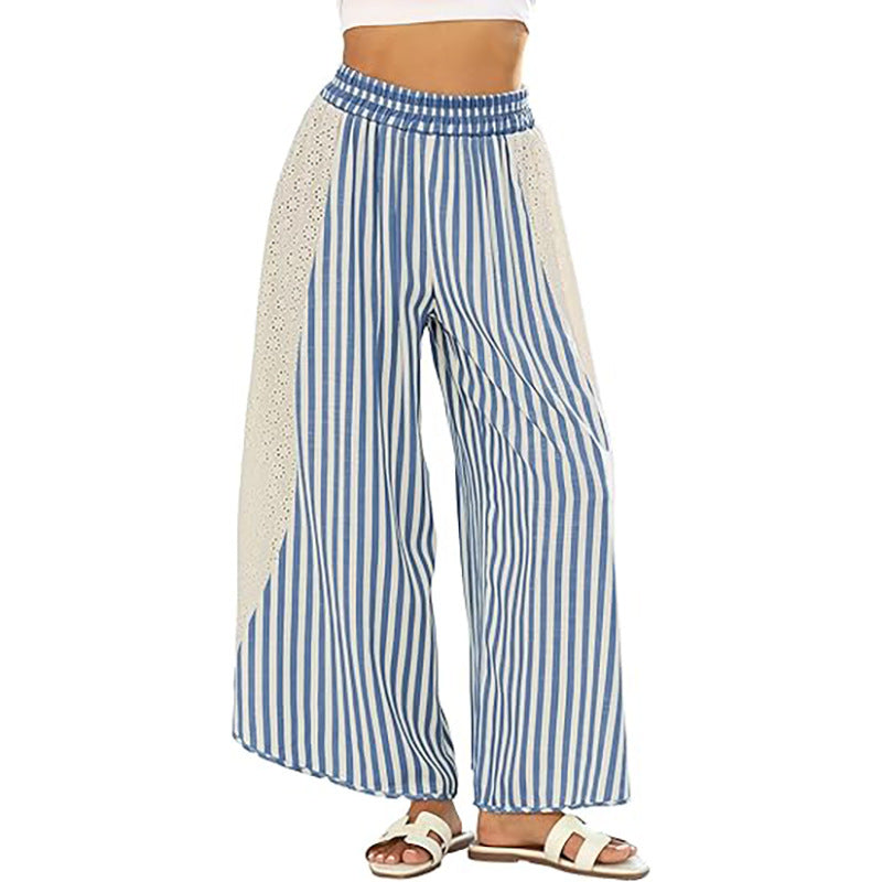 Striped Wide Leg Pants with Crochet Lace Side Panels
