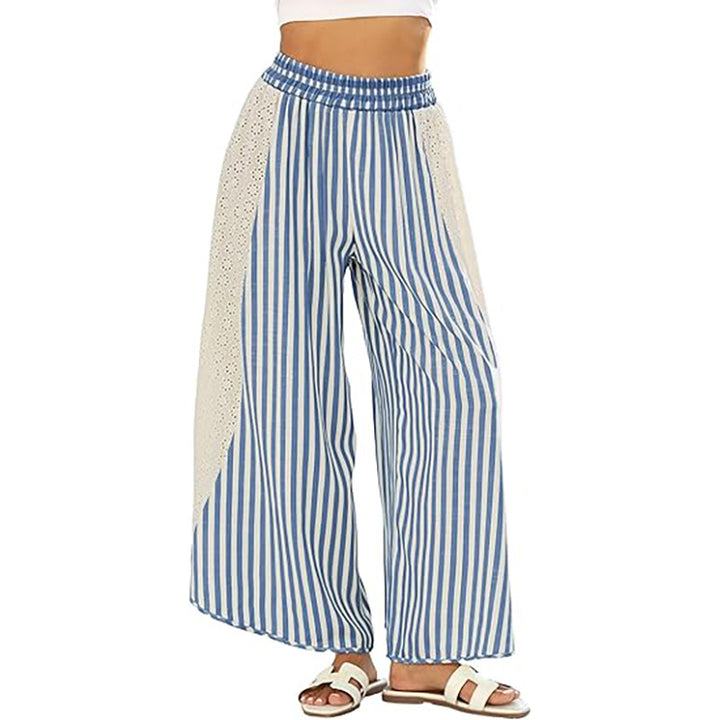 Striped Wide Leg Pants with Crochet Lace Side Panels