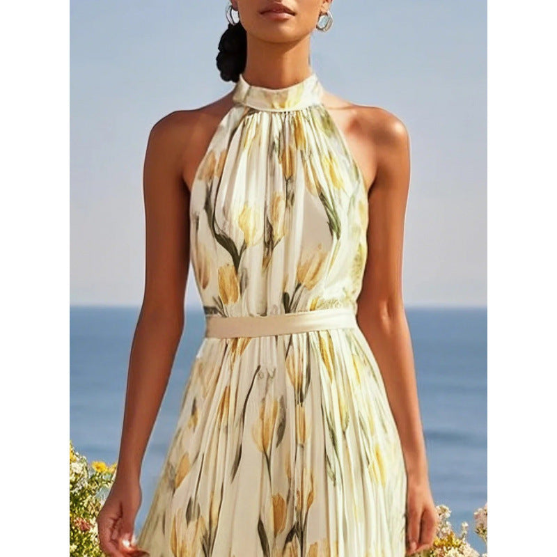 Halter Neck Tulip Print High Waist A-Line Midi Dress | Cream &amp;amp; Pink Floral Romantic Midi