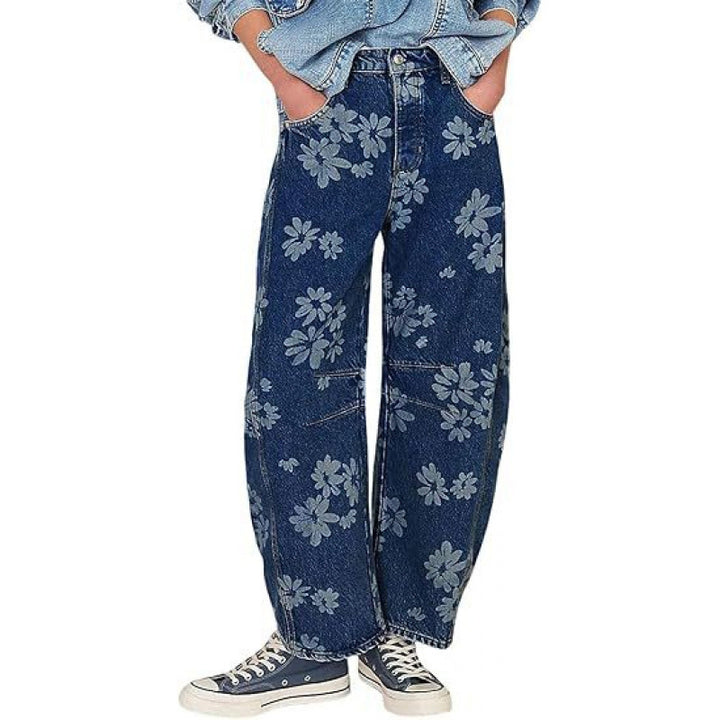 Women Y2k Distressed Barrel Jeans Baggy Wide Leg Jeans Floral Printed Boyfriend Patchwork Denim Pants