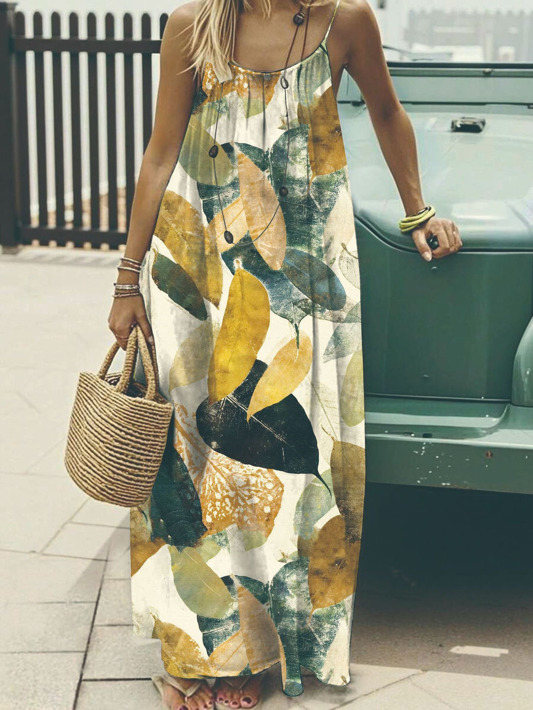 Leaf Print Spaghetti Strap Maxi Dress