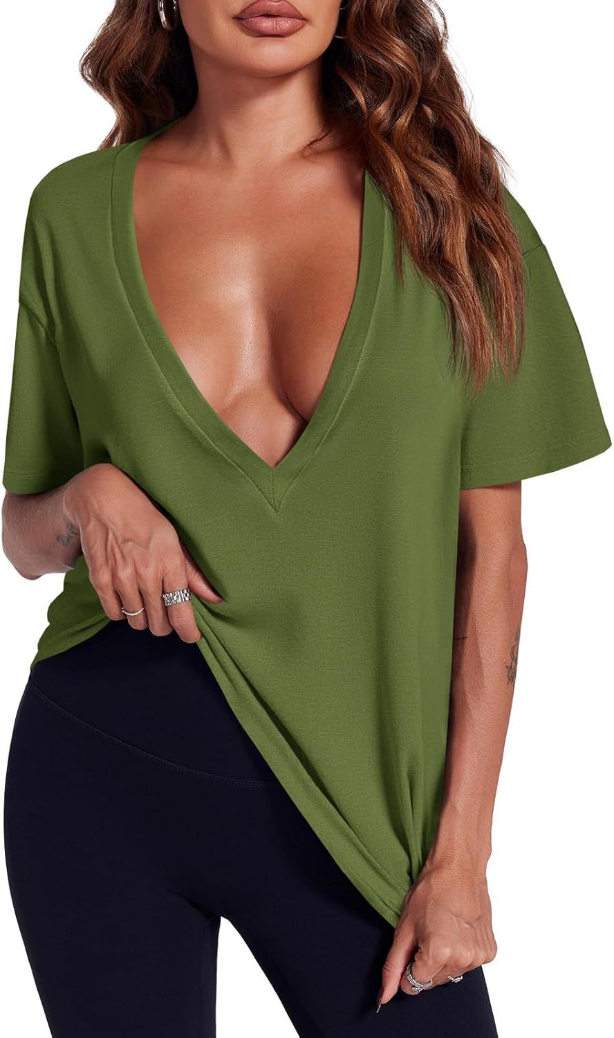 Dusty Pink Deep V-Neck Oversized Casual Tee
