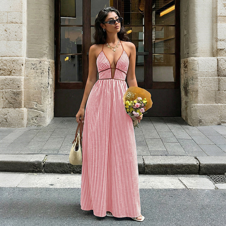 Women Striped Halter Maxi Dress Backless Smocked Beach Vacation Boho Dress