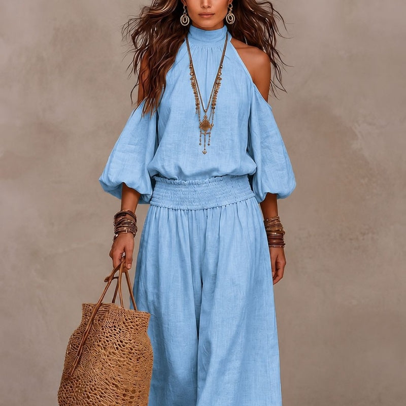 Cold Shoulder Halter Neck Linen Blend Two Piece Set